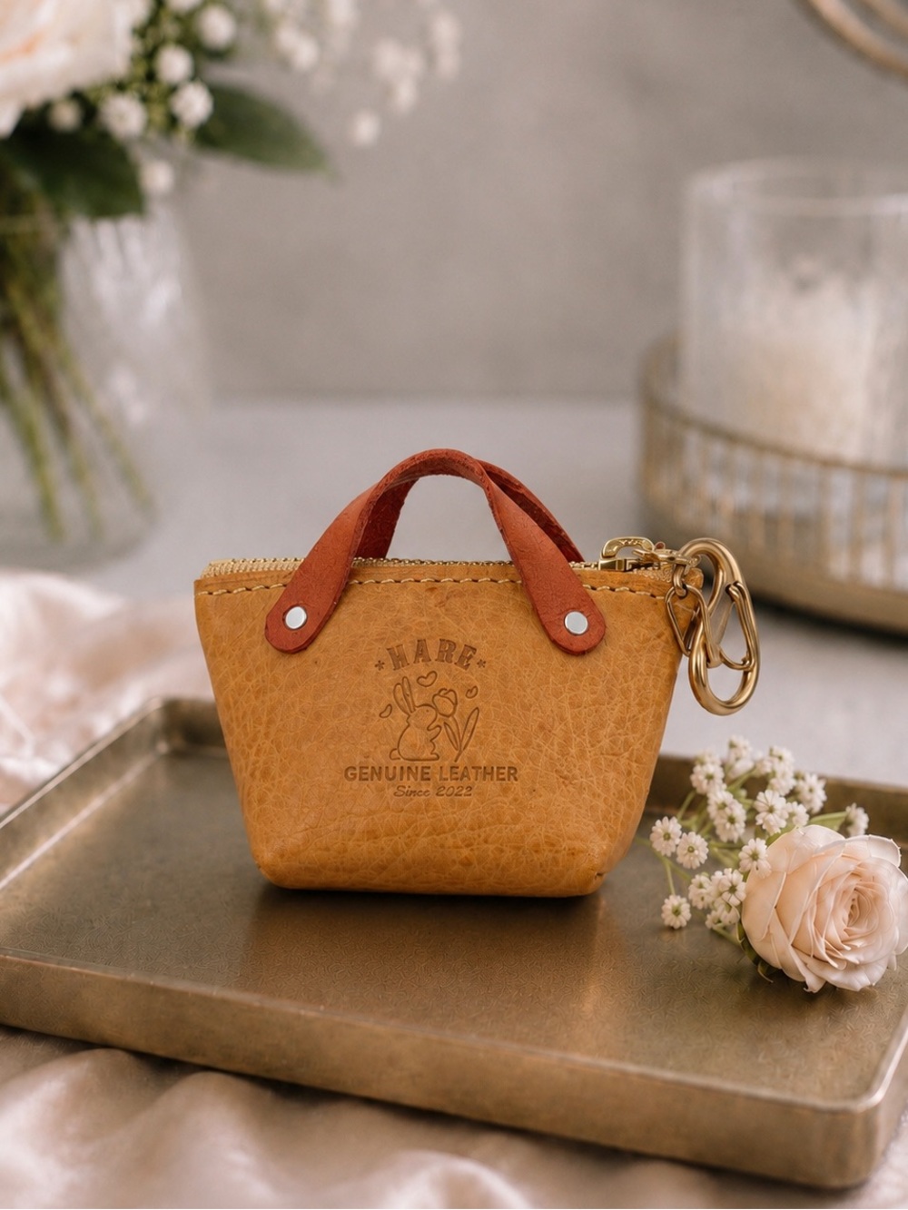 Tan Leather Women's Bag Keychain
